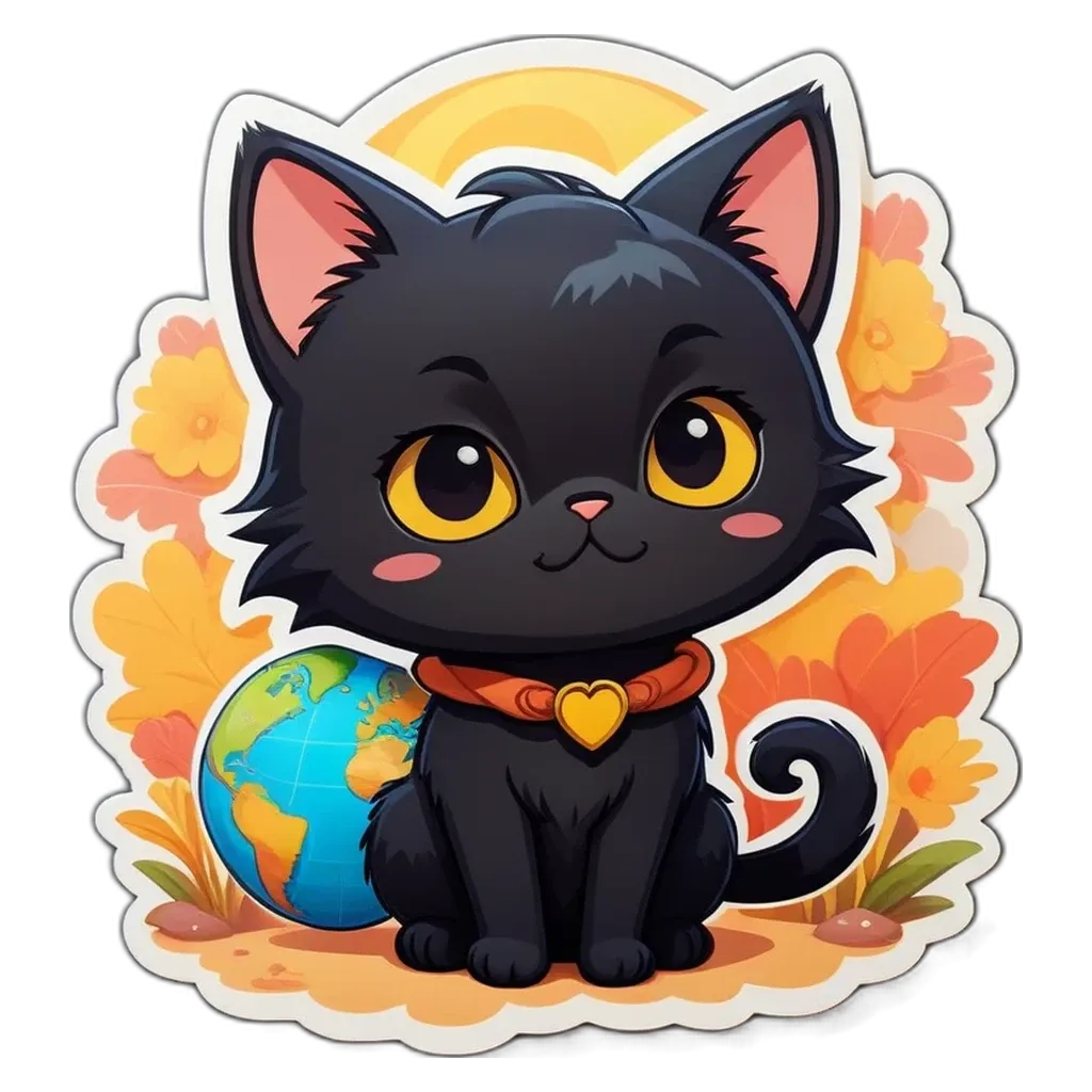 A cartoon black cat sitting on a dirt surface with a sticker of the earth at its feet.