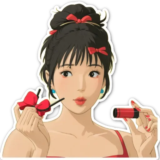 A woman applying lipstick is shown on a sticker.