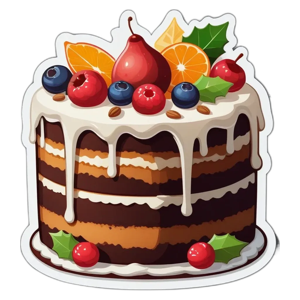 A cake with fruit on top and drizzled with chocolate sauce.