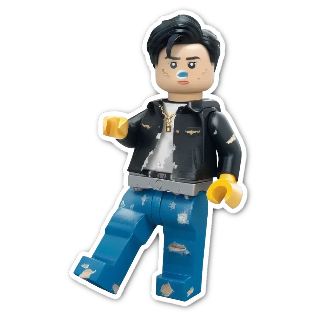 A lego boy in a black jacket with blue jeans and red lipstick.