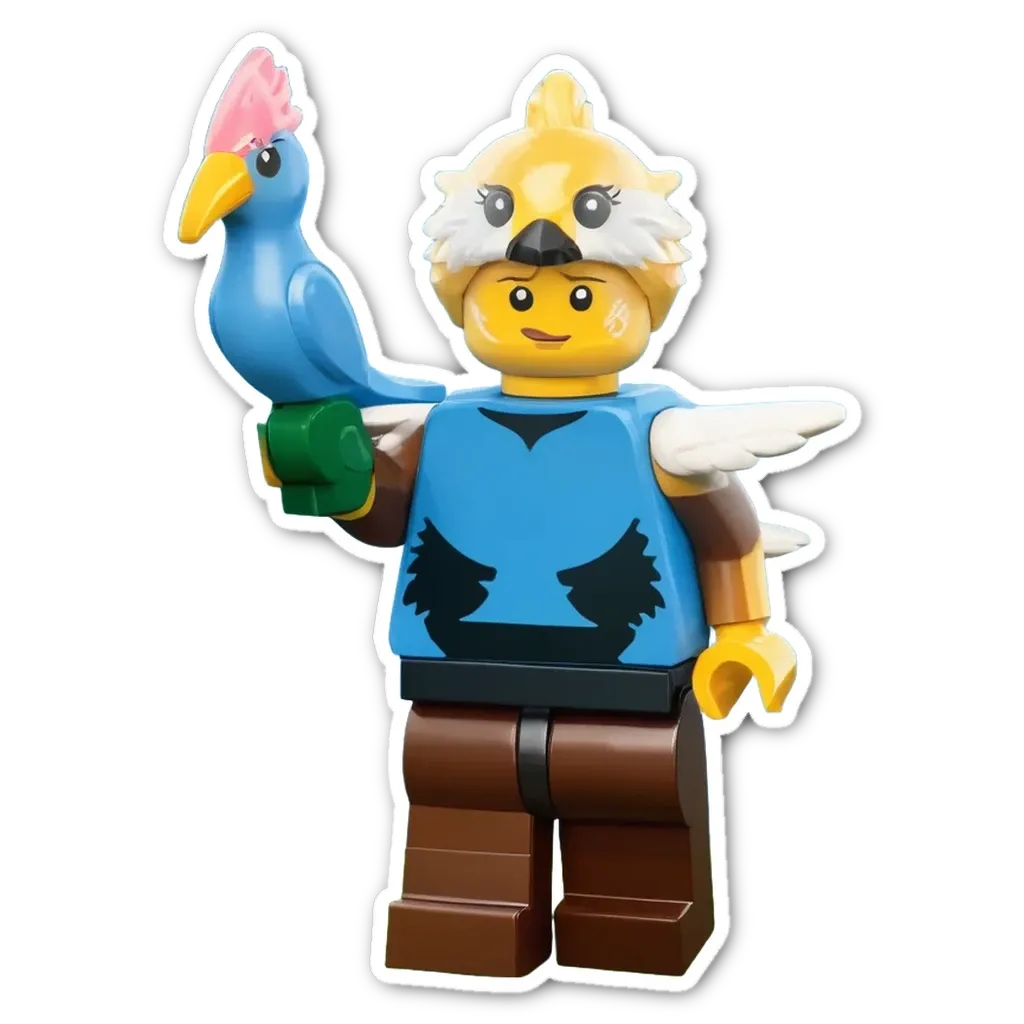 A plastic lego person holding a bird.