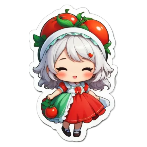 A girl wearing a dress with tomato on it is shown.