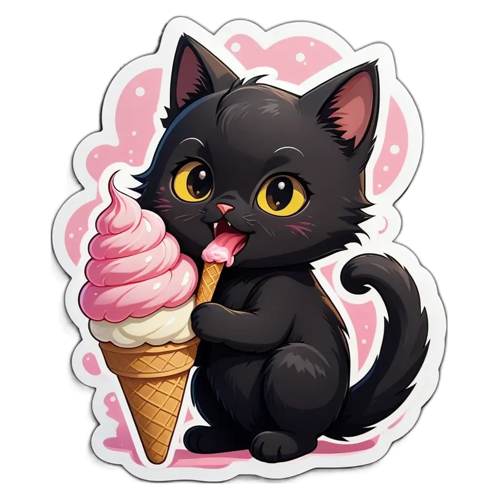 A cartoon picture of a cat eating a cone of ice cream.