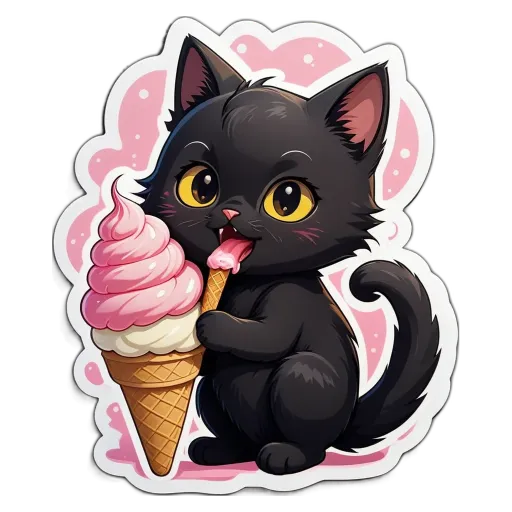 A cartoon picture of a cat eating a cone of ice cream.