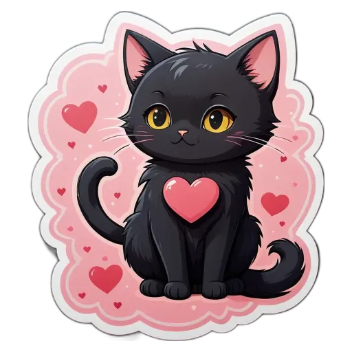 A black kitten with a heart is sitting on a pink background.