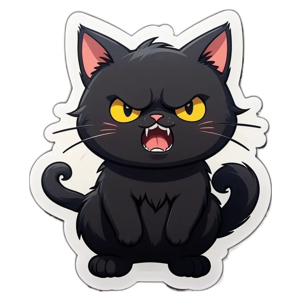 A black cat with yellow teeth and an angry face.