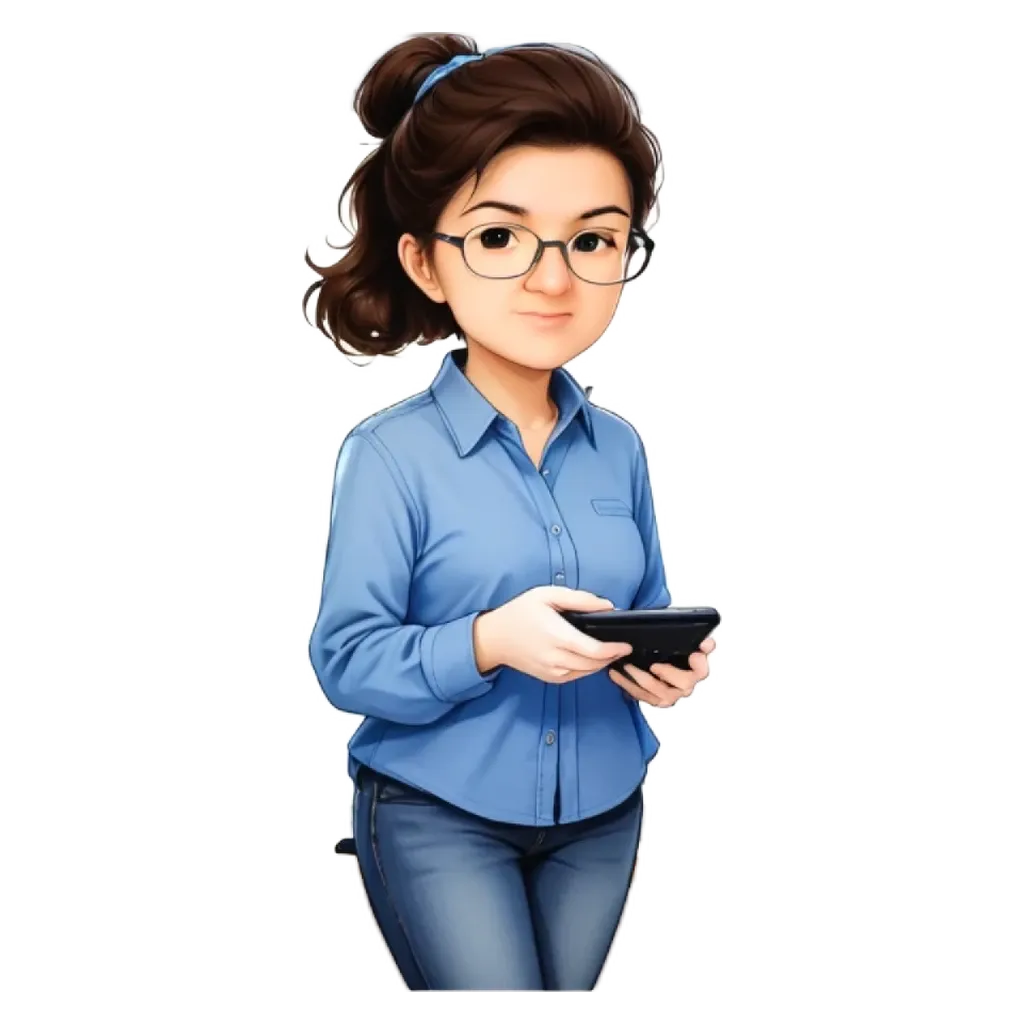 A cartoon woman holding a cell phone.