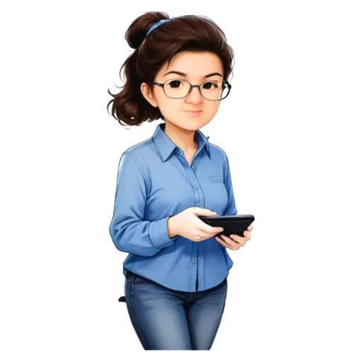 A cartoon woman holding a cell phone.