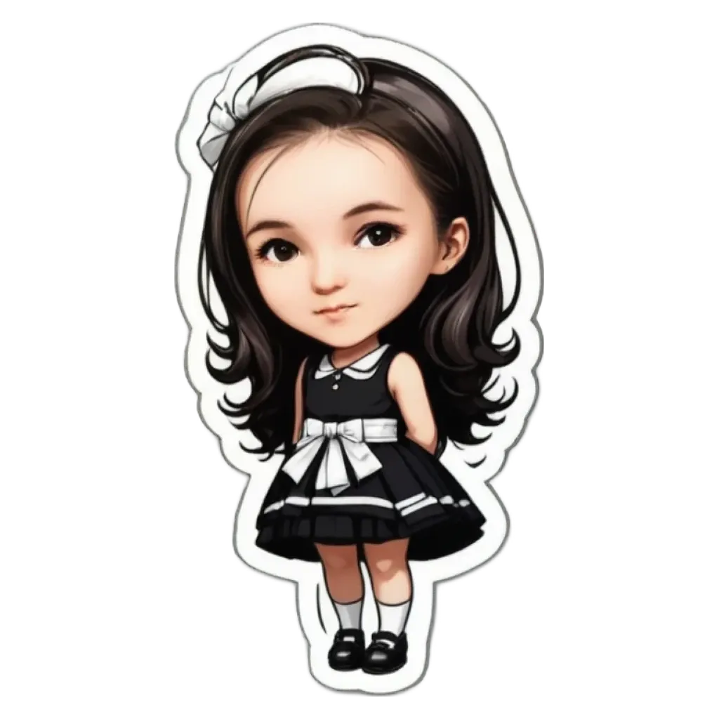 A cartoon girl wearing a black and white dress with a white bow on her head.