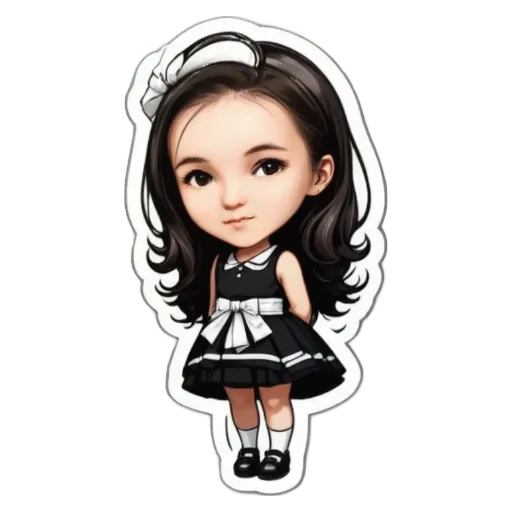 A cartoon girl wearing a black and white dress with a white bow on her head.