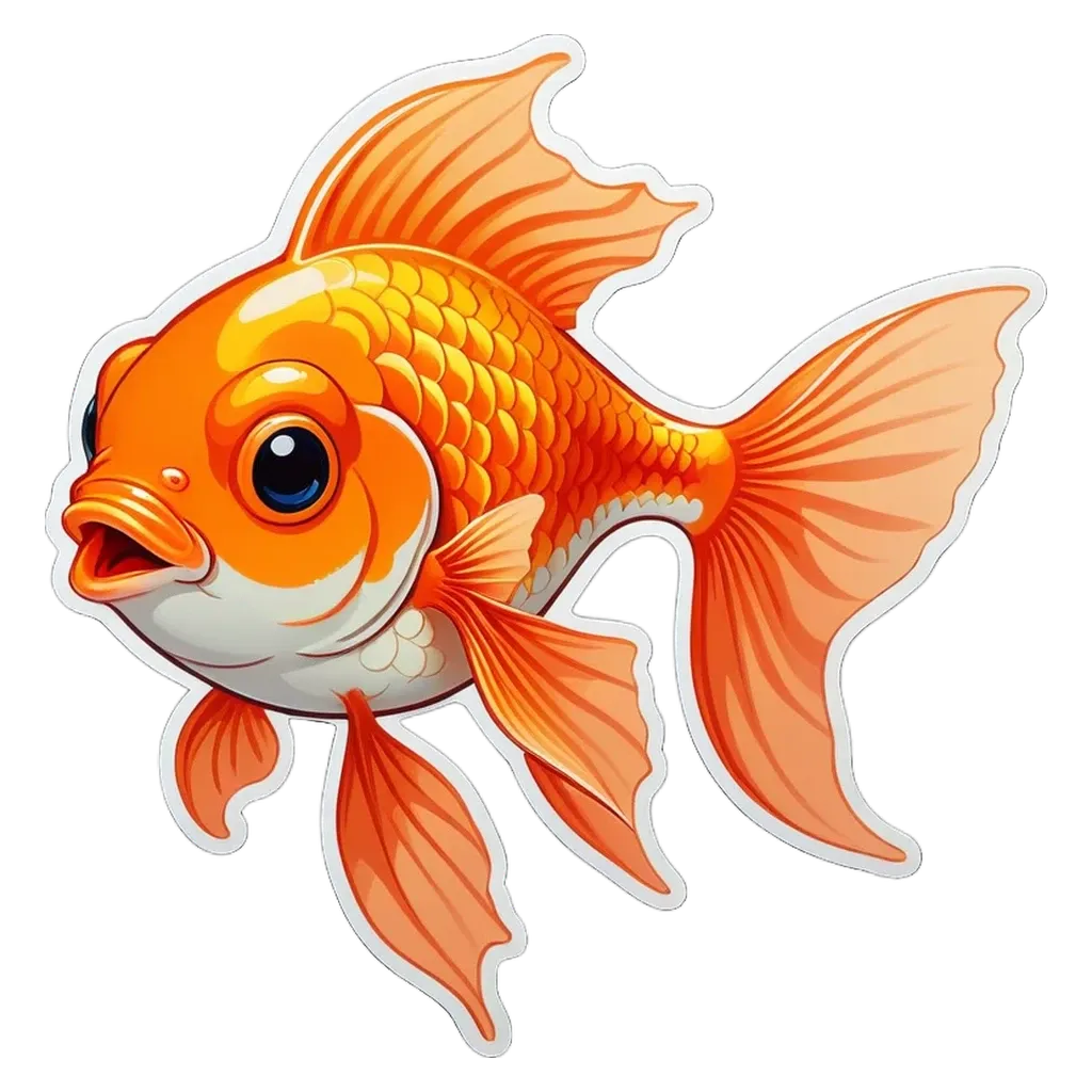 A sticker of an orange fish with a mouth that is open.