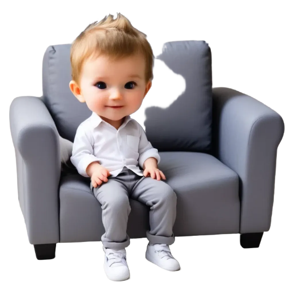 A cartoon image of a boy sitting on a grey couch.