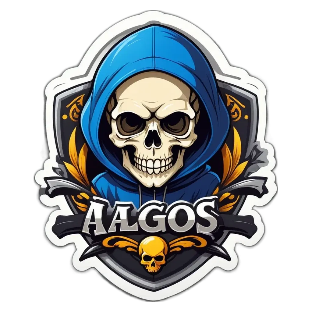 An AAGOS logo with a skull in blue hoodie.