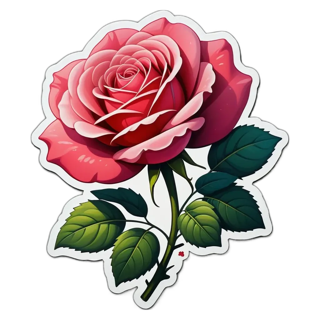 A pink rose with green leaves and a thorn.