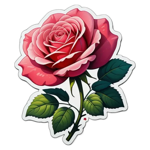 A pink rose with green leaves and a thorn.