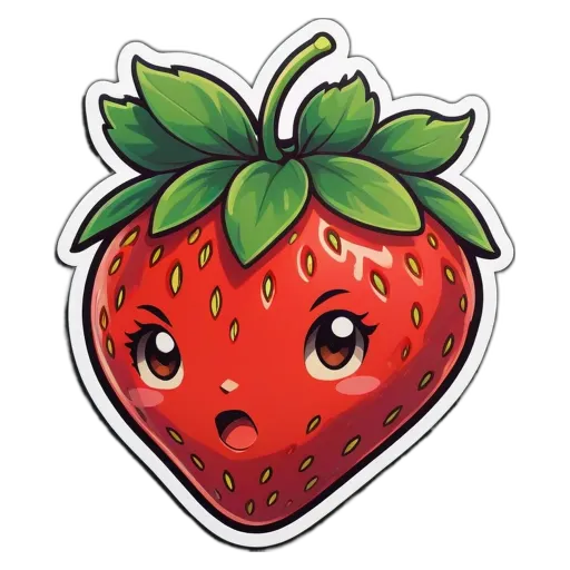 A sticker of a strawberry with a face and opening mouth.