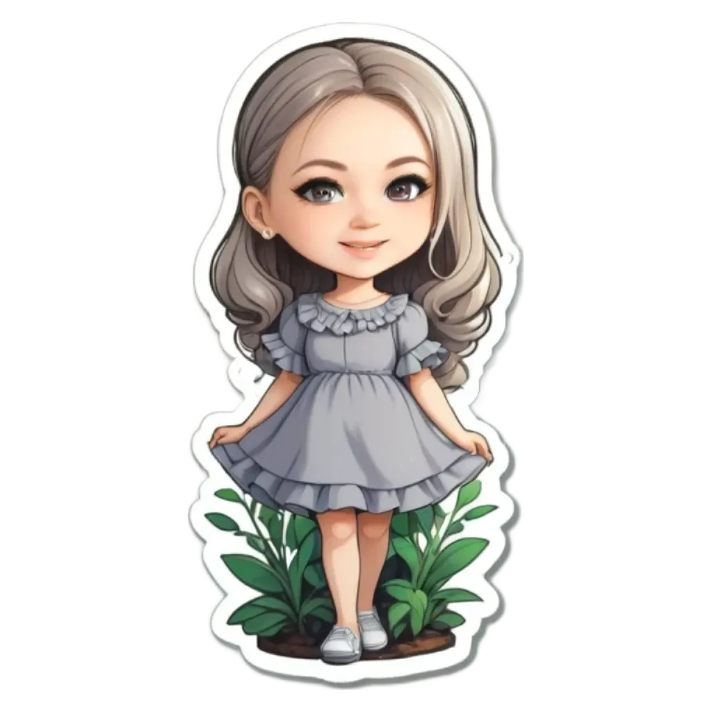 A girl is standing in front of plants and is part of a sticker of her type.