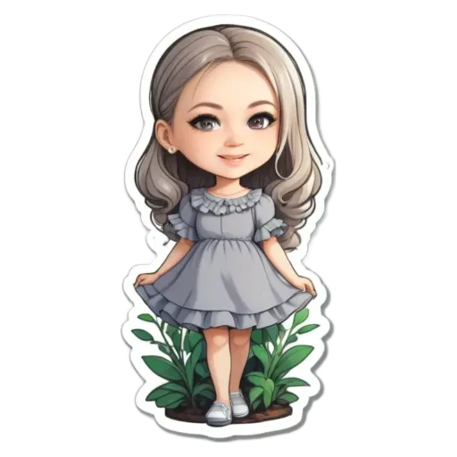 A girl is standing in front of plants and is part of a sticker of her type.