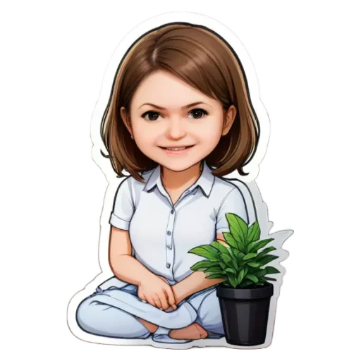 A cartoon drawing of a girl sitting next to a plant.