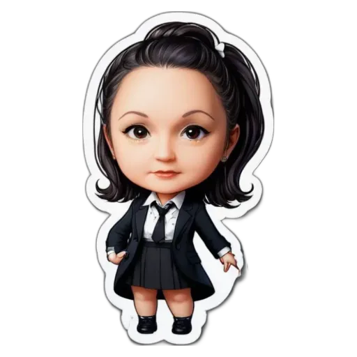 A girl that is dressed in a suit that is sticker that is black and white.