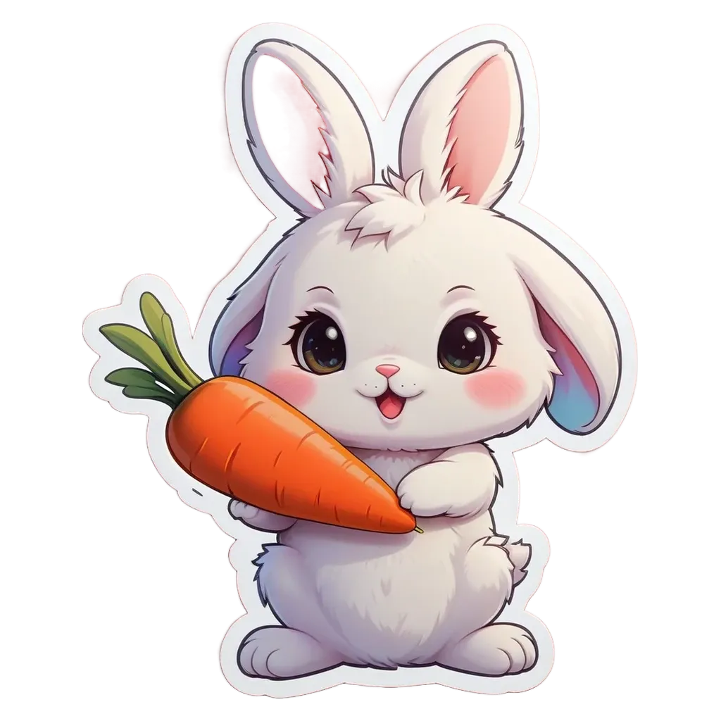 A rabbit holding a carrot in its mouth.