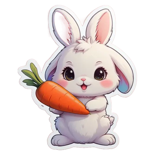 A rabbit holding a carrot in its mouth.