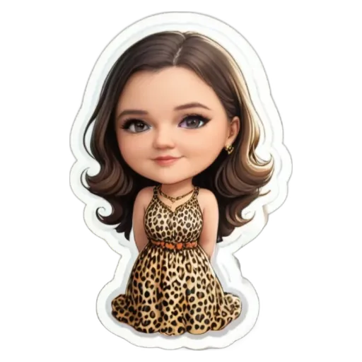 A cartoon drawing of a girl wearing a dress with a leopard print.