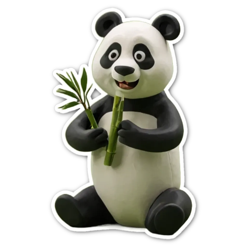 A panda bear holding a bamboo with a smile on his face.