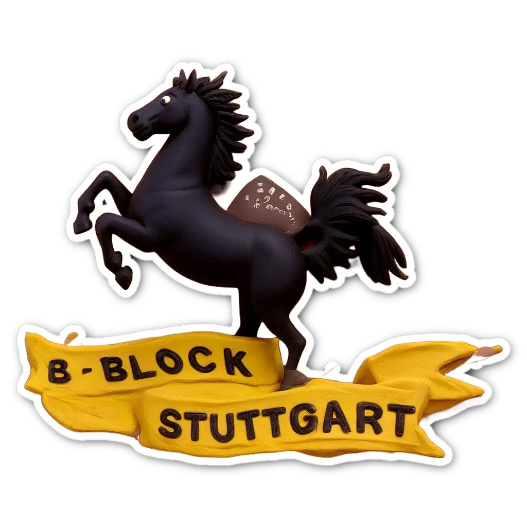 A black horse with a banner on it that says B-block Struttgart.