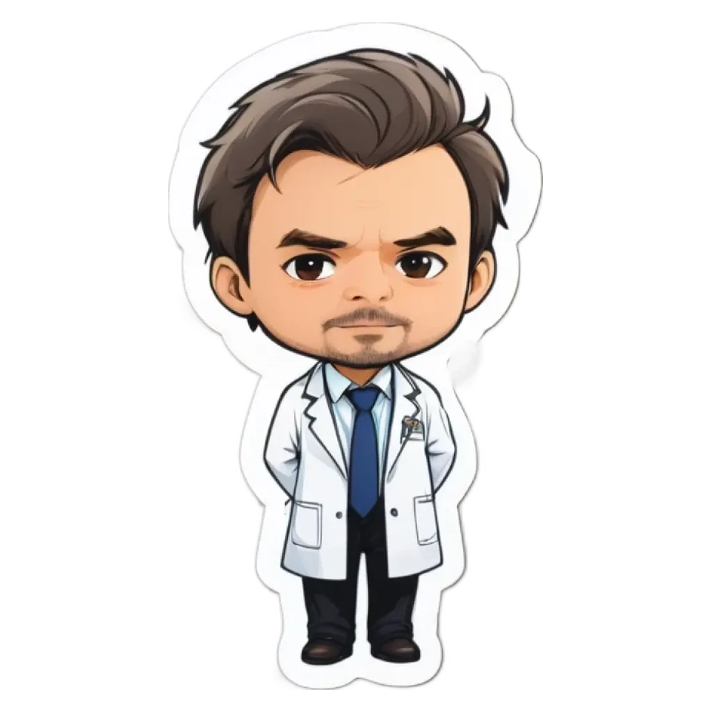 A cartoon depiction of a doctor wearing a white lab coat and tie.