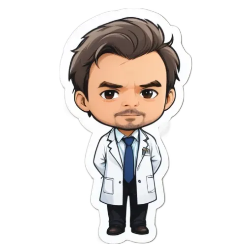 A cartoon depiction of a doctor wearing a white lab coat and tie.