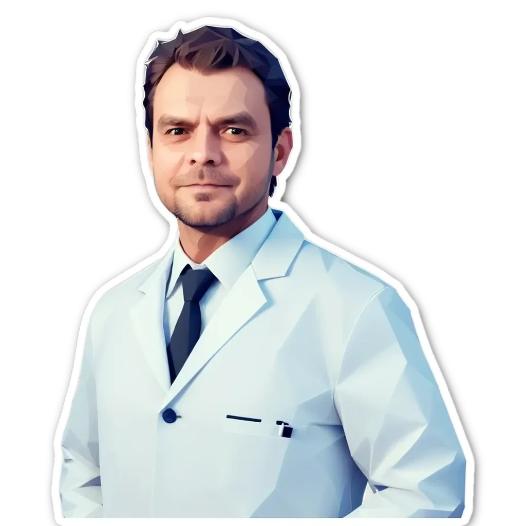 A polygonal picture of a man wearing a white lab coat.