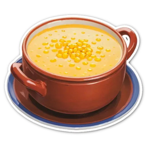 A picture of corn soup in a red bowl.