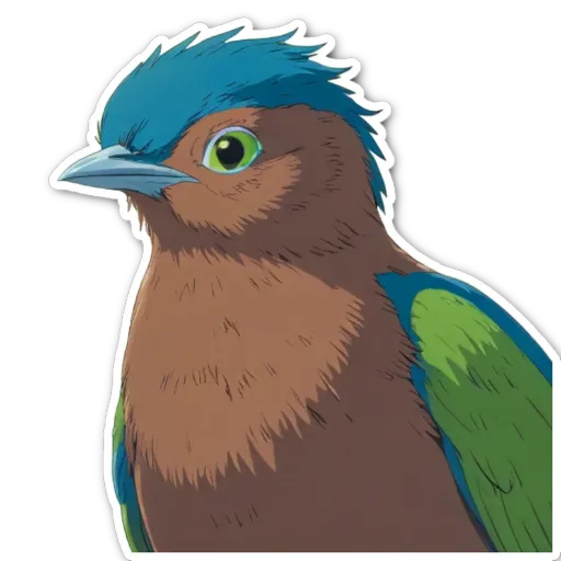 A cartoon bird with blue eyes and a brown body.