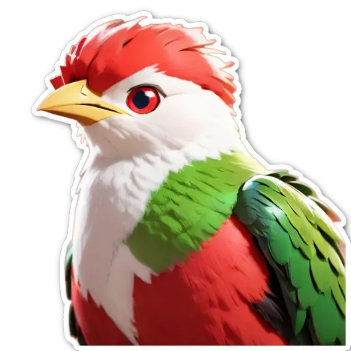 A colorful bird with red, white and green feathers is perched on a black background.