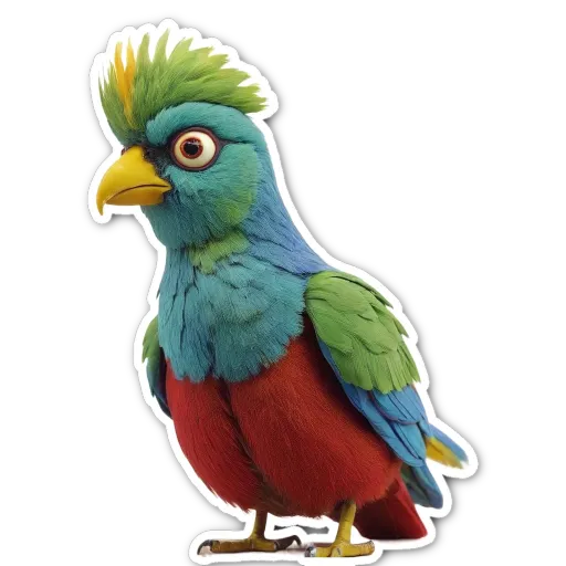 A colorful bird sticker with black background.