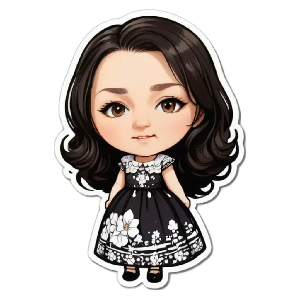 A sticker of a girl that is wearing a black and white dress.