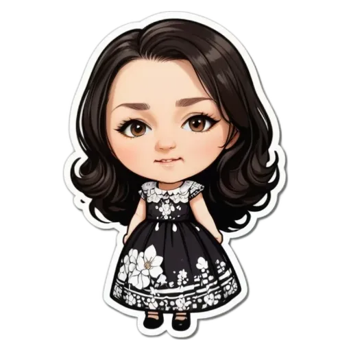 A sticker of a girl that is wearing a black and white dress.