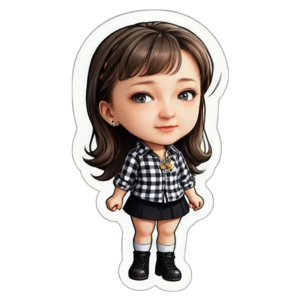 A girl character from a sticker is wearing a black and white shirt and black skirt.