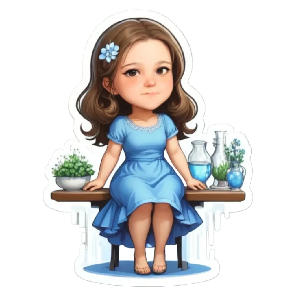 A cartoon drawing of a girl named 'Blue' sitting on a table with plants.