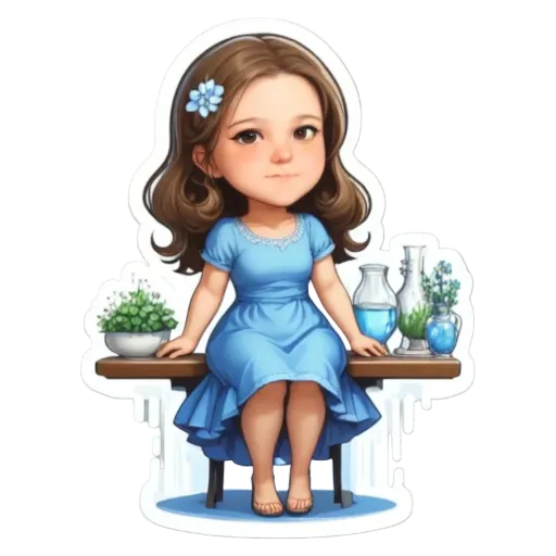 A cartoon drawing of a girl named 'Blue' sitting on a table with plants.