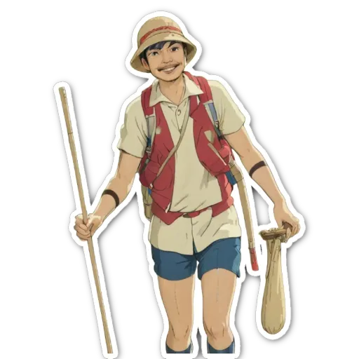 A cartoon depiction of a man on a hike with a bag.