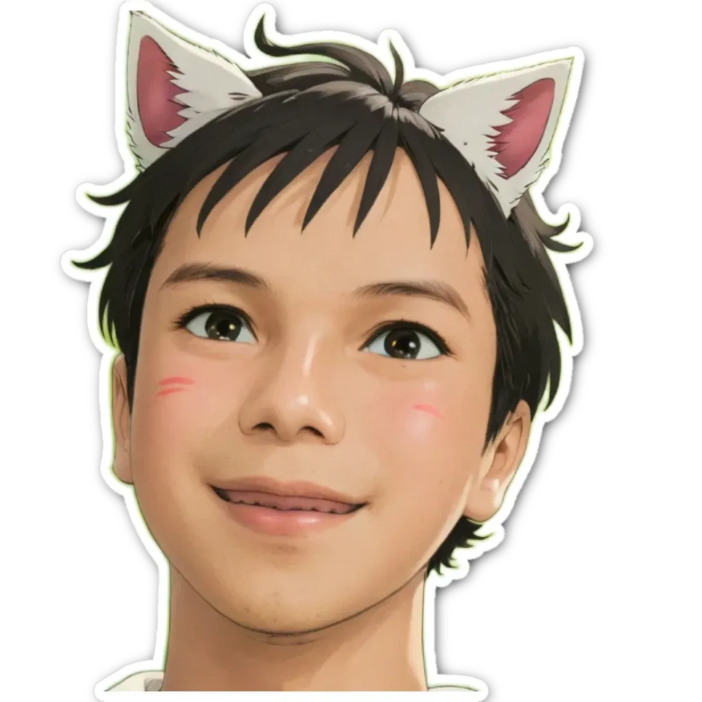 A boy with a cat ears headband is smiling.