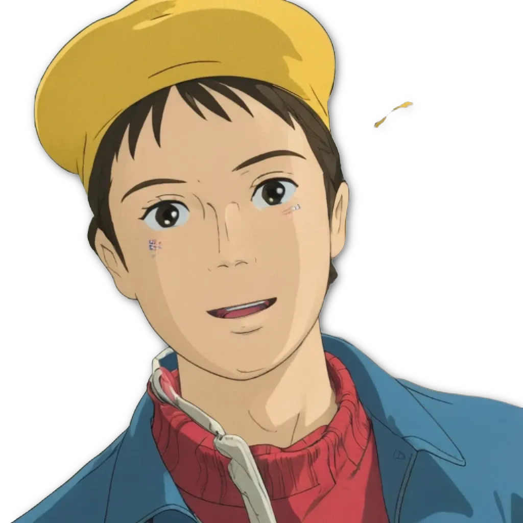 A cartoonish drawing of a boy wearing a yellow hat and red jacket.