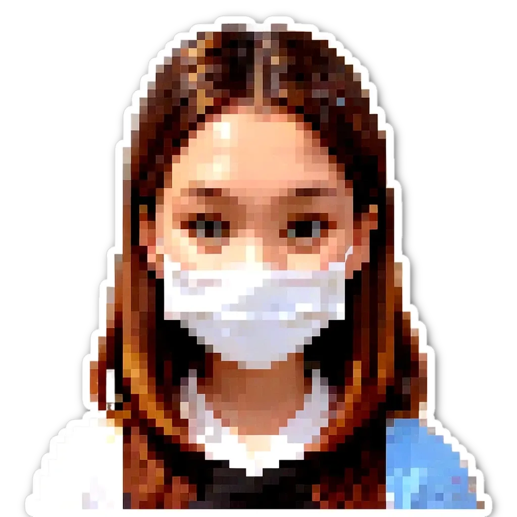 A woman wearing a face mask that is pixelated.