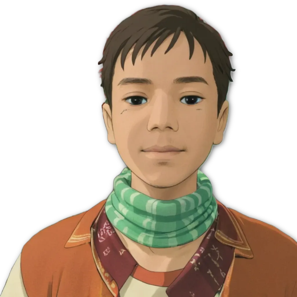 A boy wearing a green and orange bandanna on his face.