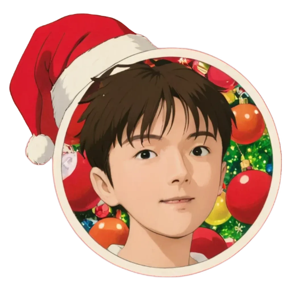 A cartoon picture of a boy wearing a santa hat and smiling.