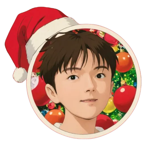 A cartoon picture of a boy wearing a santa hat and smiling.