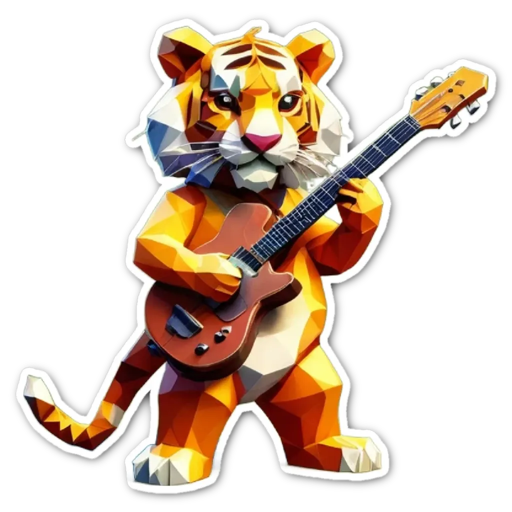 A toy tiger holding a guitar on a black background.