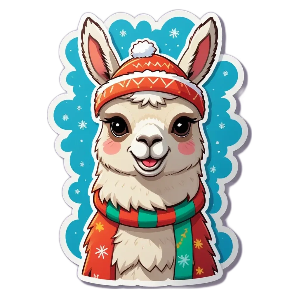 A cartoon picture of a llama in winter.